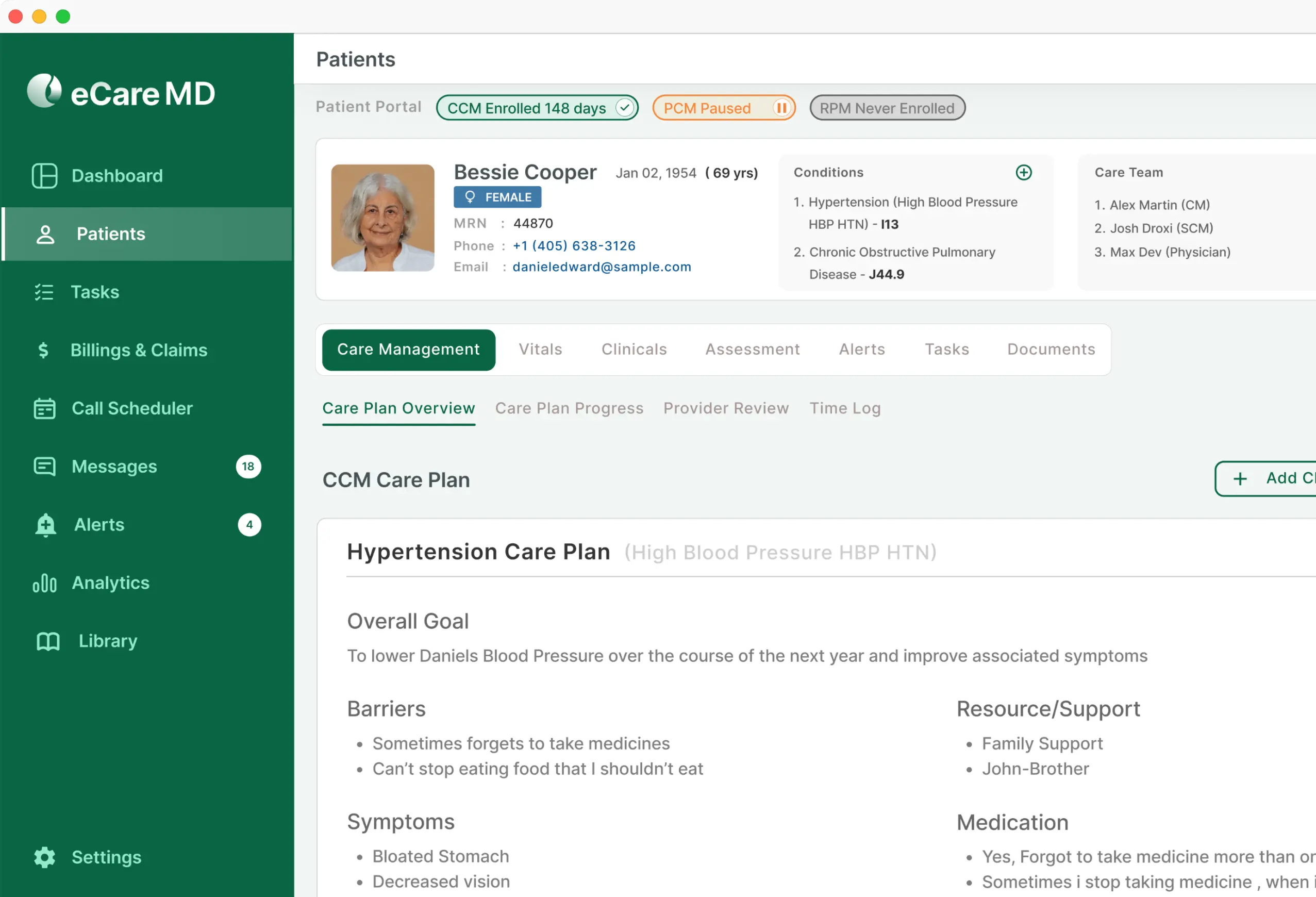 eCareMD's patient portal screen showing her care plan overview and necessary demographics